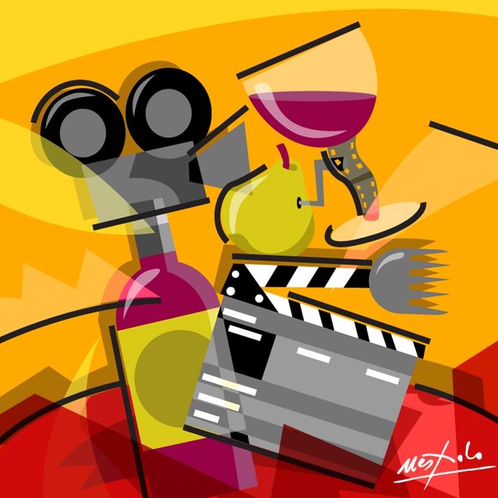 Un immagine appositamente creata da Ugo Nespolo per la "cinegustologia": nel disegno, si vedono oggetti legati al cibo (coppe) e altri legati al mondo del cinema (bobine, ciak)