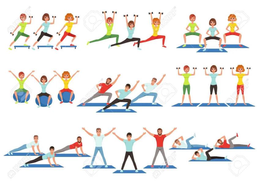 disegni stilizzati di persone che eseguono attività fisica (piegamenti, sollevamento pesi, etc.)