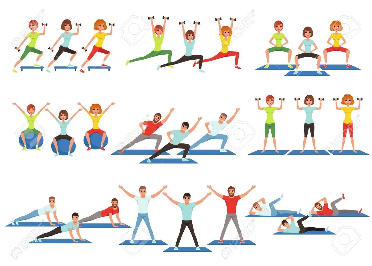 disegni stilizzati di persone che eseguono attività fisica (piegamenti, sollevamento pesi, etc.)